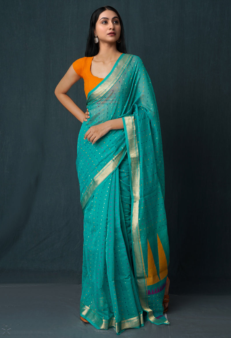 Green Pure Handloom Dhakai Jamdhani Sico Saree-UNM65166
