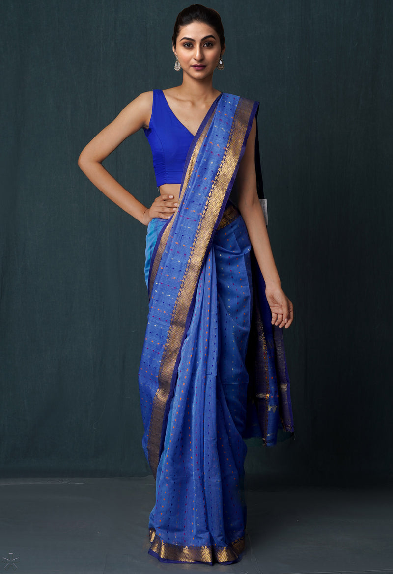 Blue Pure Handloom Dhakai Jamdhani Sico Saree-UNM65172