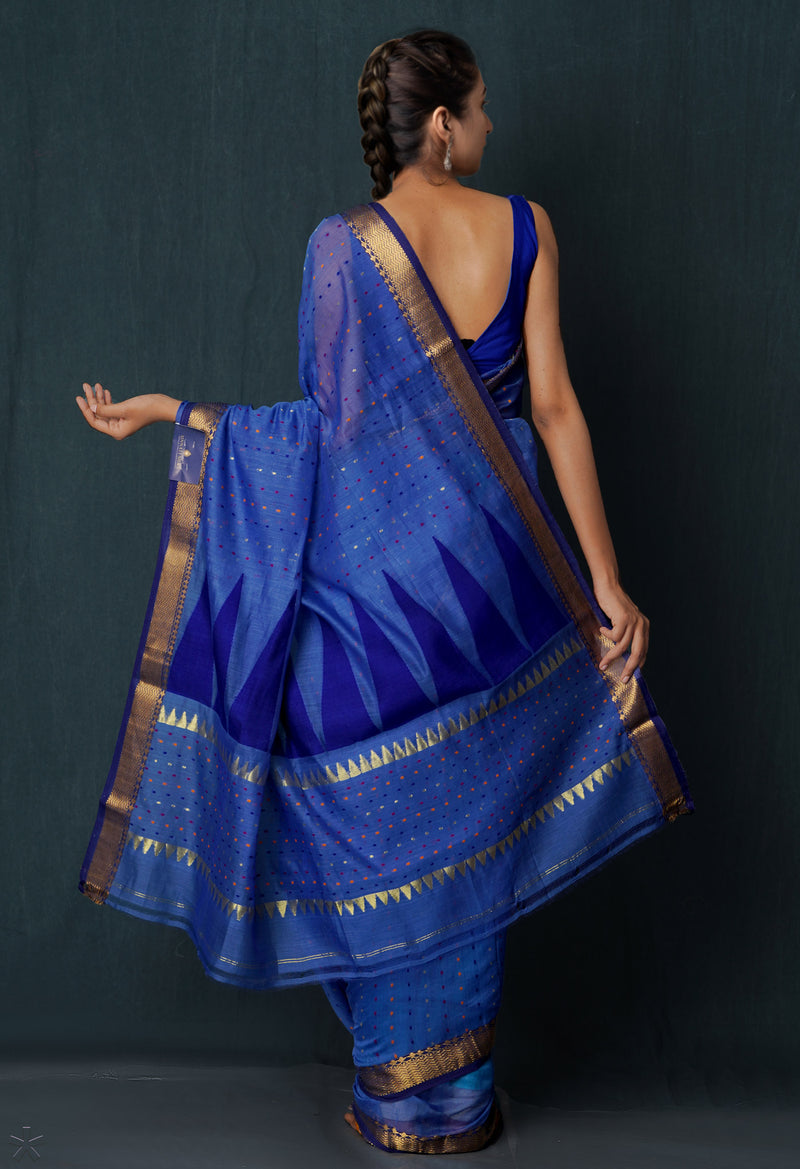 Blue Pure Handloom Dhakai Jamdhani Sico Saree-UNM65172