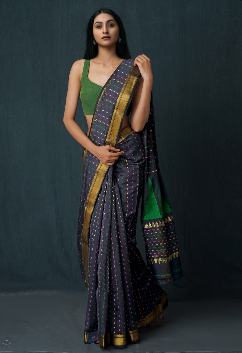Black Pure Handloom Dhakai Jamdhani Sico Saree-UNM65173