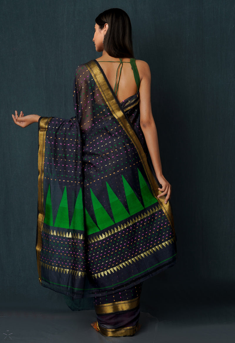 Black Pure Handloom Dhakai Jamdhani Sico Saree-UNM65173