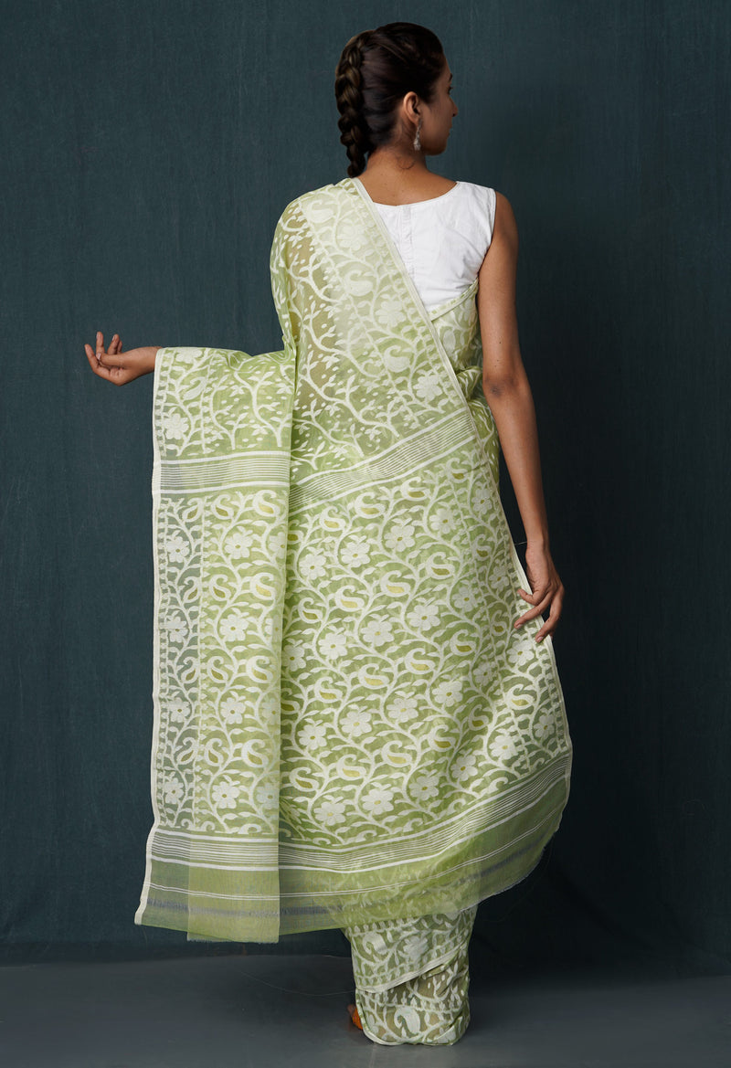Green Pure Handloom Dhakai Jamdhani Cotton Silk Saree-UNM65182