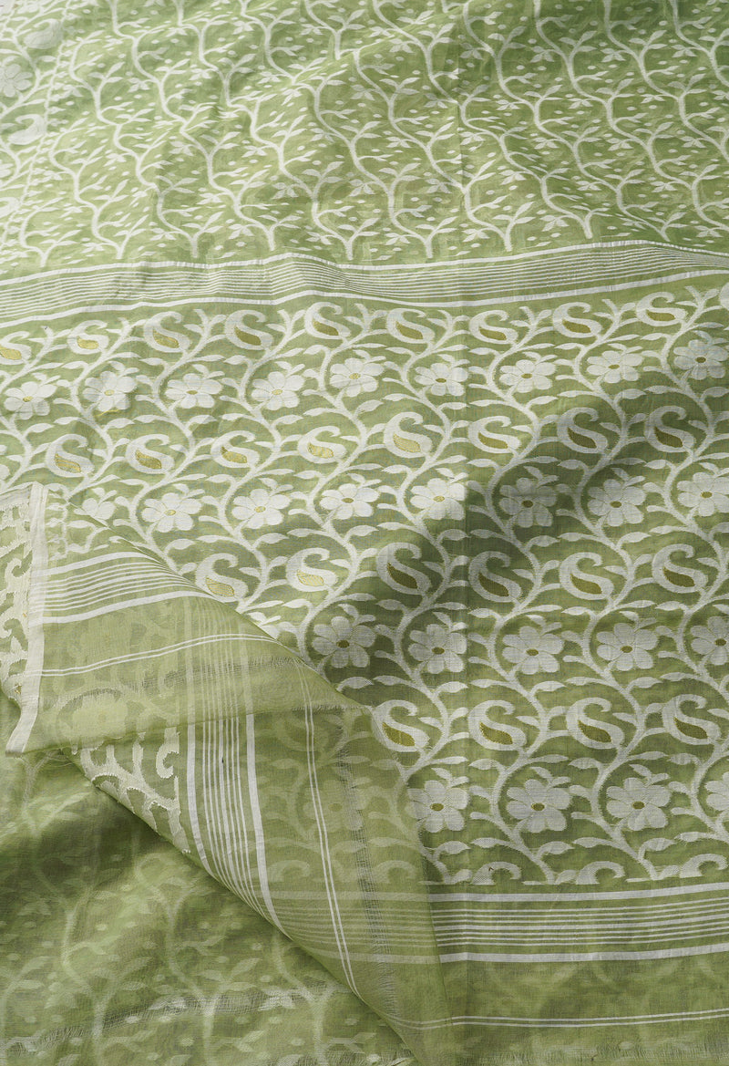 Green Pure Handloom Dhakai Jamdhani Cotton Silk Saree-UNM65182