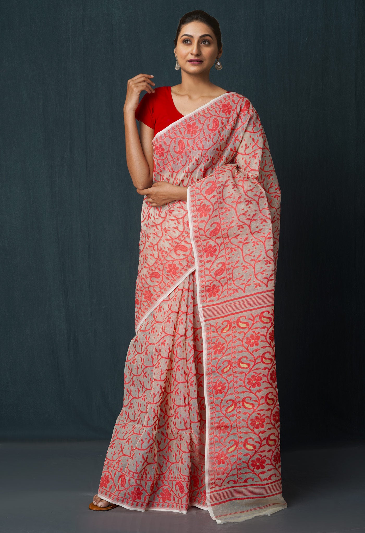 Brown Pure Handloom Dhakai Jamdhani Cotton Silk Saree-UNM65183