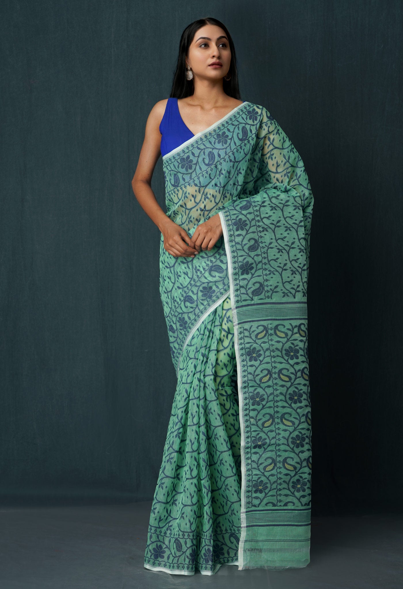 Green Pure Handloom Dhakai Jamdhani Cotton Silk Saree-UNM65185