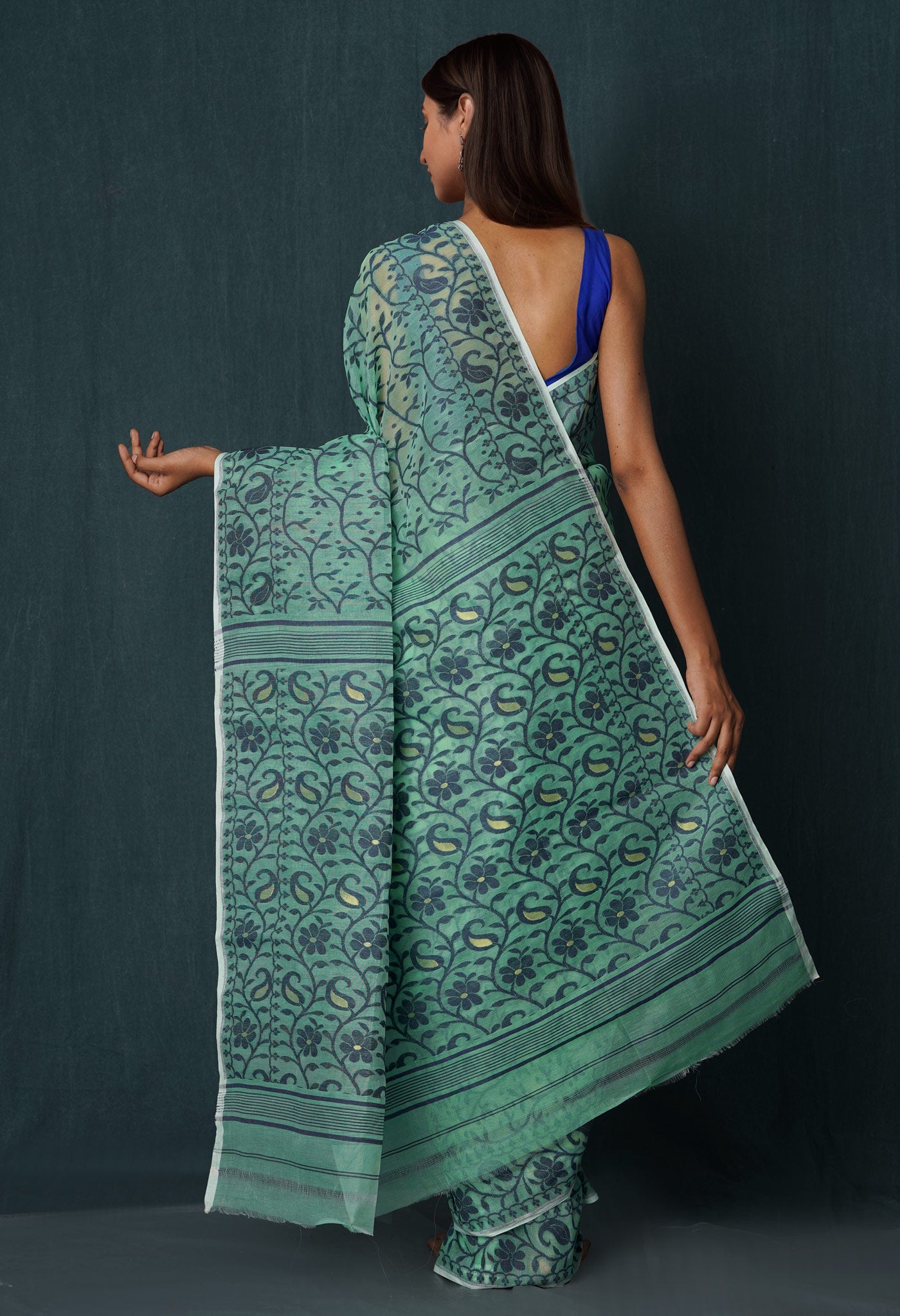 Green Pure Handloom Dhakai Jamdhani Cotton Silk Saree-UNM65185