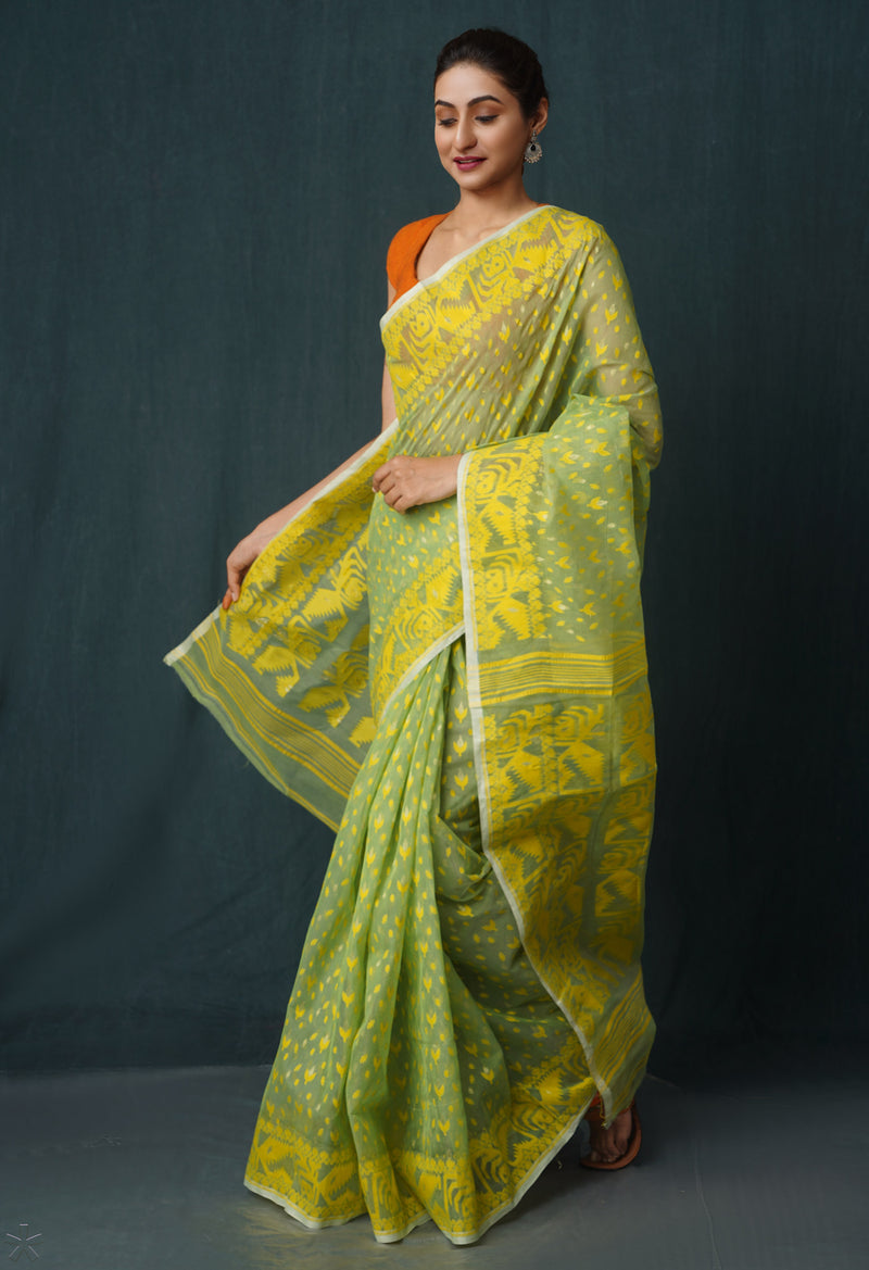 Green Pure Handloom Dhakai Jamdhani Cotton Saree-UNM65193
