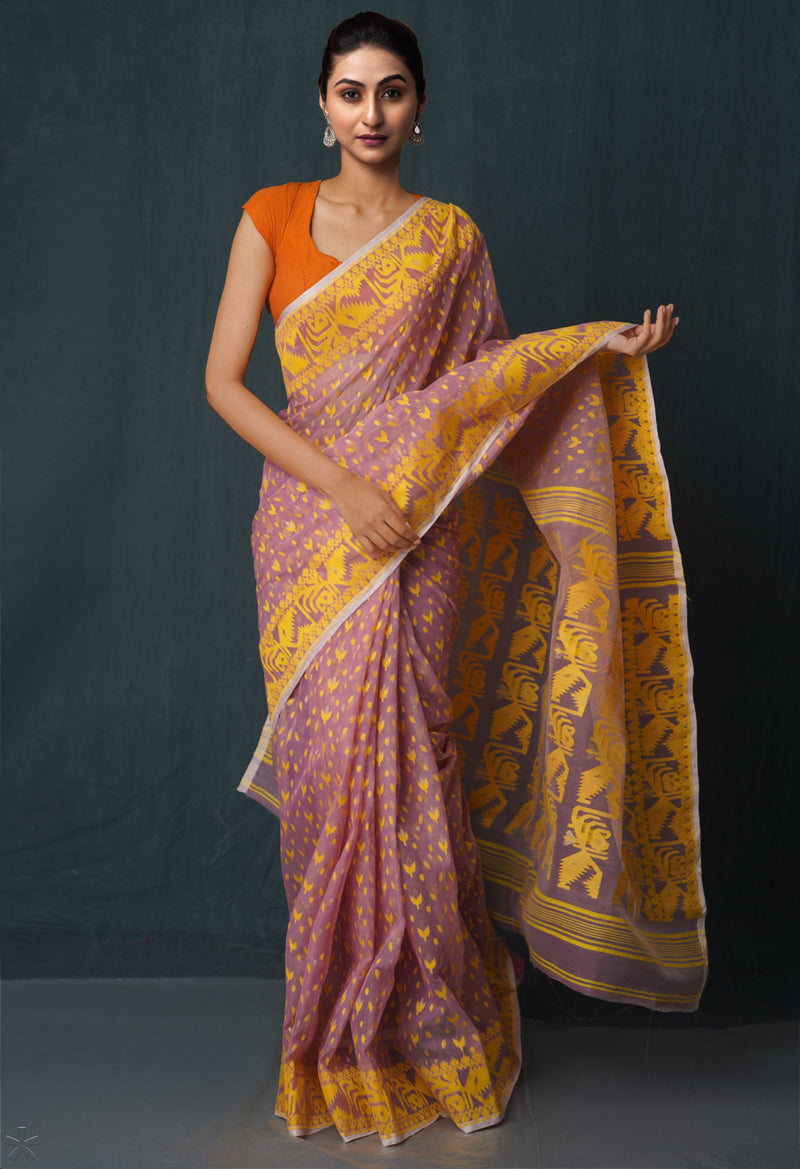 Pink Pure Handloom Dhakai Jamdhani Cotton Saree-UNM65196