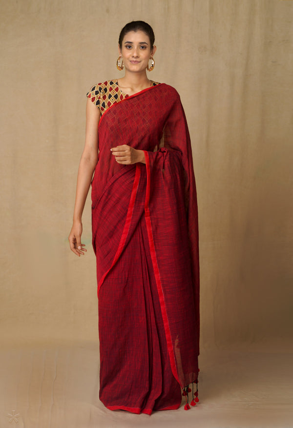 Maroon Pure  Cotton Linen Saree With Tassels-UNM65235
