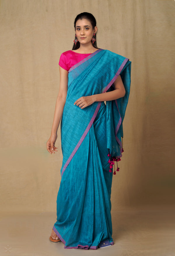 Blue Pure  Cotton Linen Saree With Tassels-UNM65236