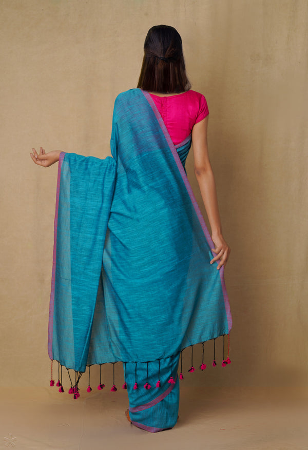 Blue Pure  Cotton Linen Saree With Tassels-UNM65236