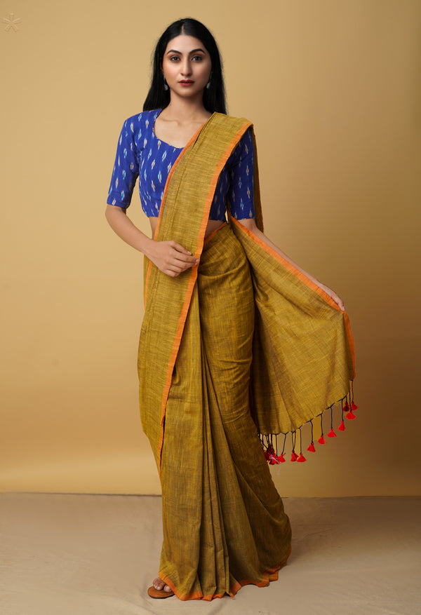 Ocher Pure  Cotton Linen Saree With Tassels-UNM65240