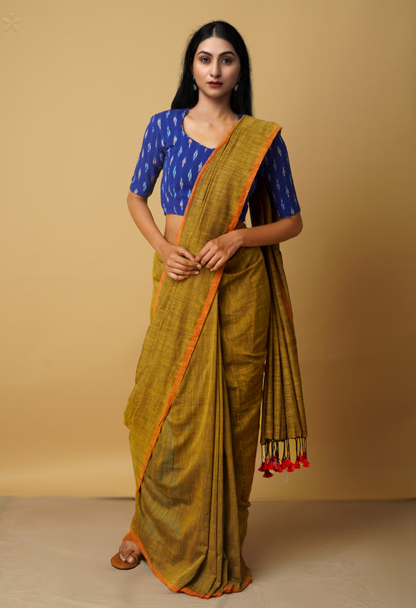 Ocher Pure  Cotton Linen Saree With Tassels-UNM65240