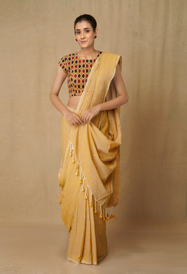 Brown Pure  Cotton Linen Saree With Tassels-UNM65242