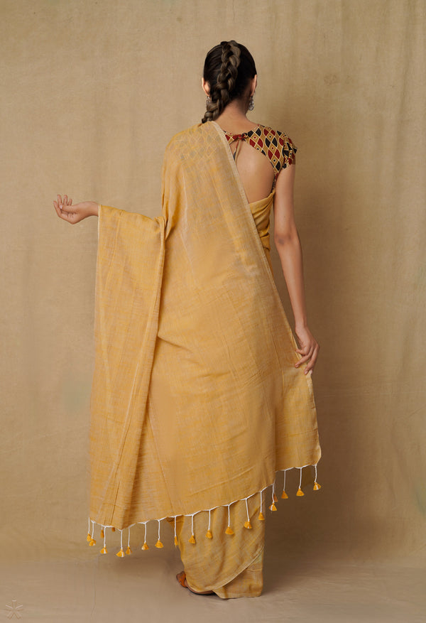 Brown Pure  Cotton Linen Saree With Tassels-UNM65242