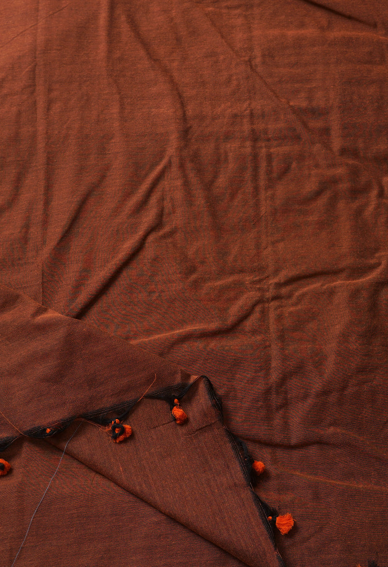 Rust Orange Pure  Cotton Linen Saree With Tassels-UNM65251