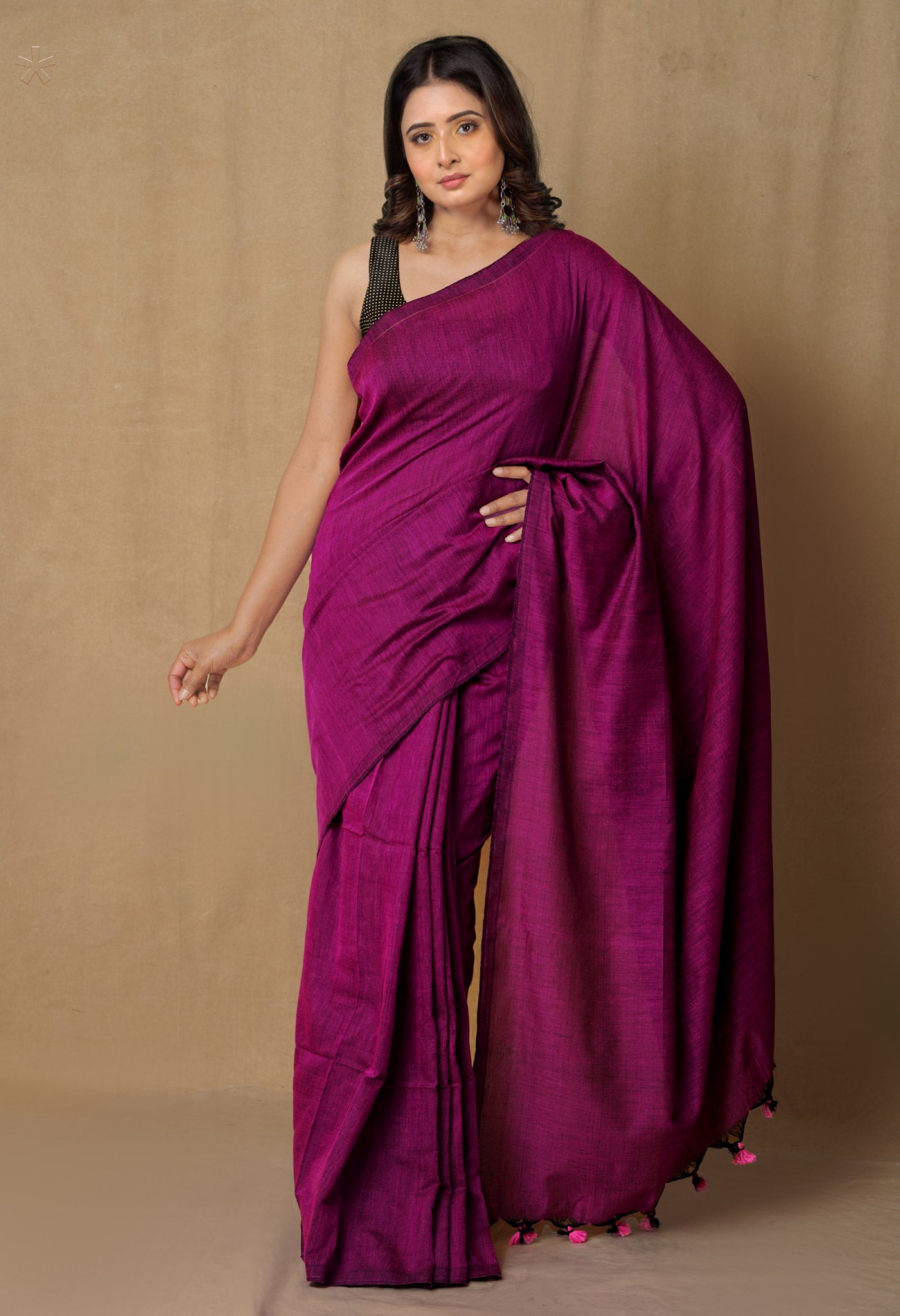 Purple-Black Pure  Cotton Linen Saree With Tassels-UNM65258