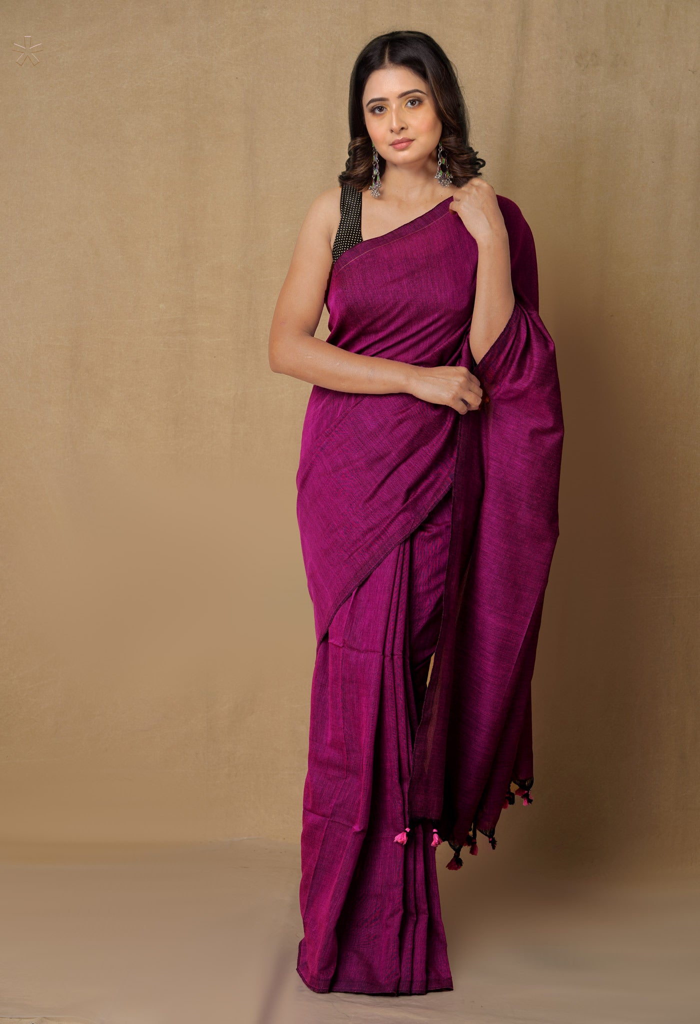 Purple-Black Pure  Cotton Linen Saree With Tassels-UNM65258