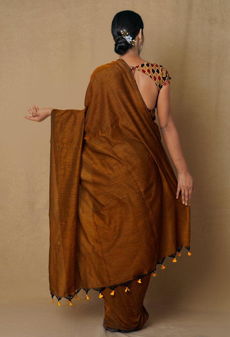 Ochre Pure  Cotton Linen Saree With Tassels-UNM65259