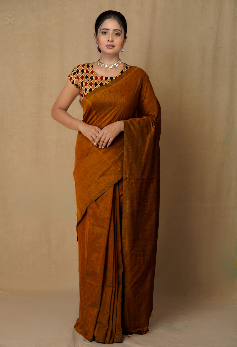 Ochre Pure  Cotton Linen Saree With Tassels-UNM65259