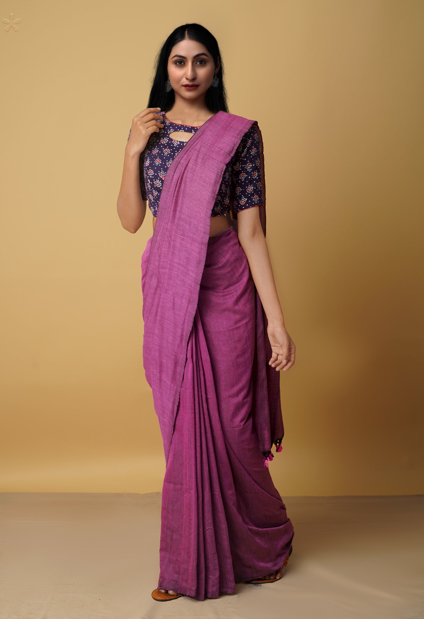 Pink-Black Pure  Cotton Linen Saree With Tassels-UNM65261