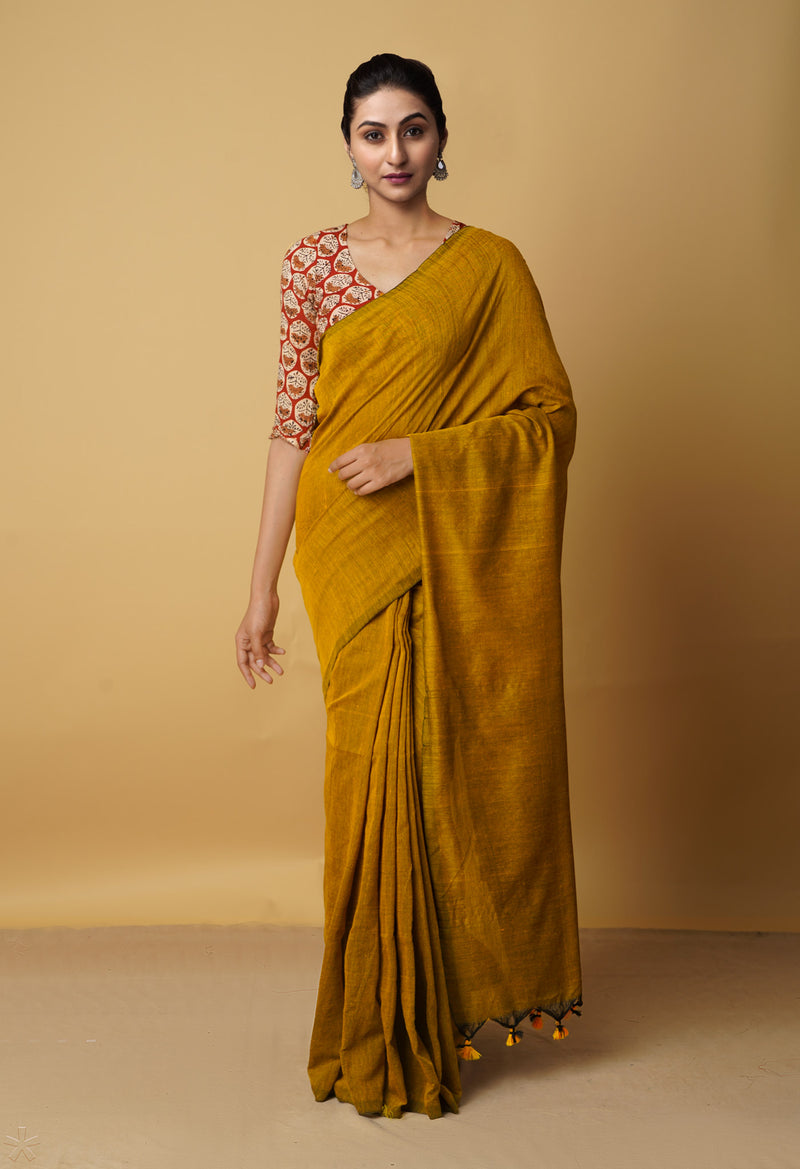 Yellow-Black Pure Cotton Linen Saree-UNM65275