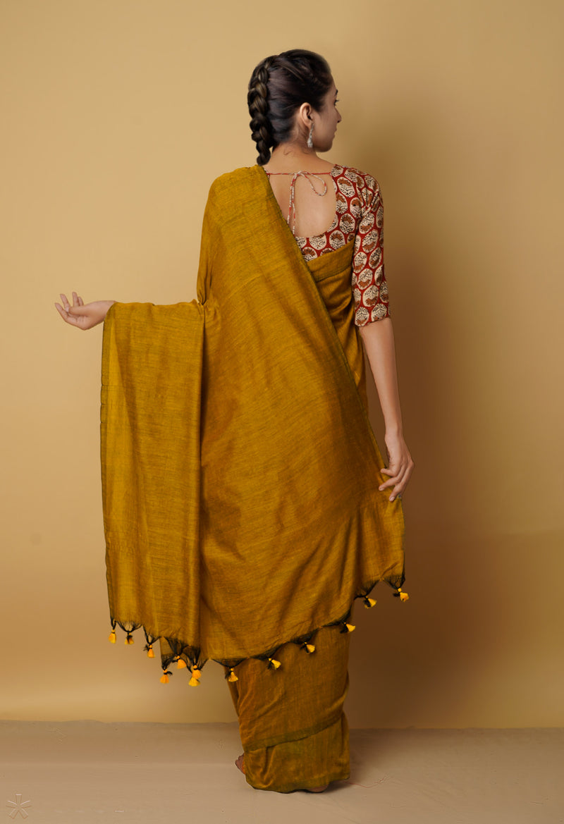 Yellow-Black Pure Cotton Linen Saree-UNM65275