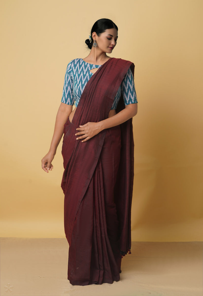 Maroon-Black Pure Cotton Linen Saree-UNM65276