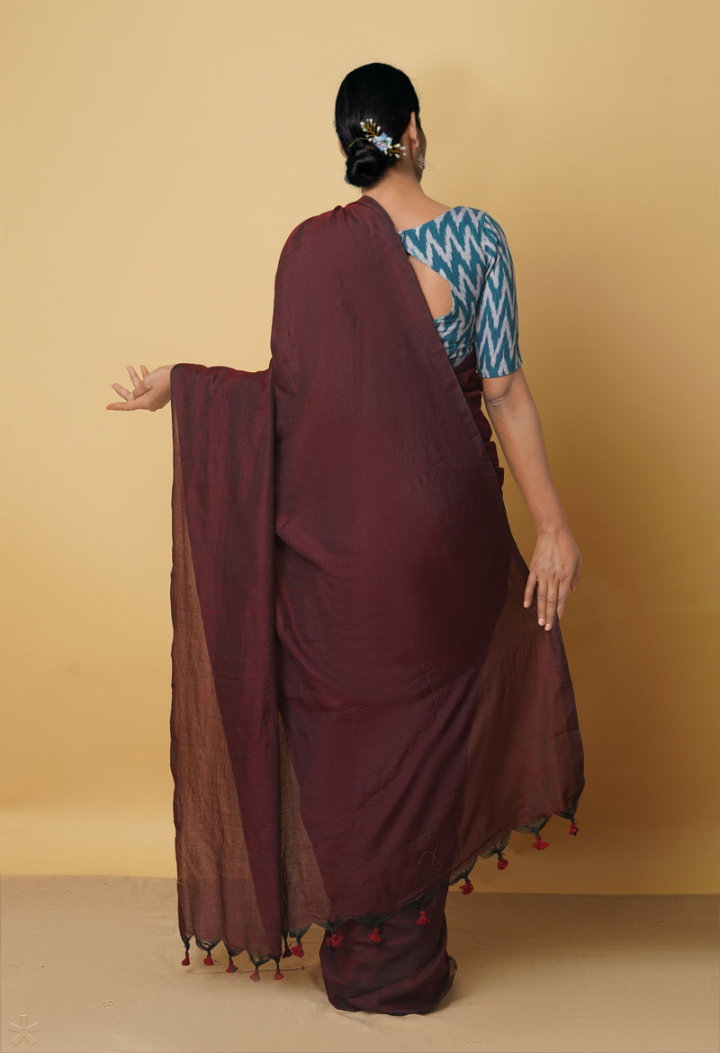 Maroon-Black Pure Cotton Linen Saree-UNM65276
