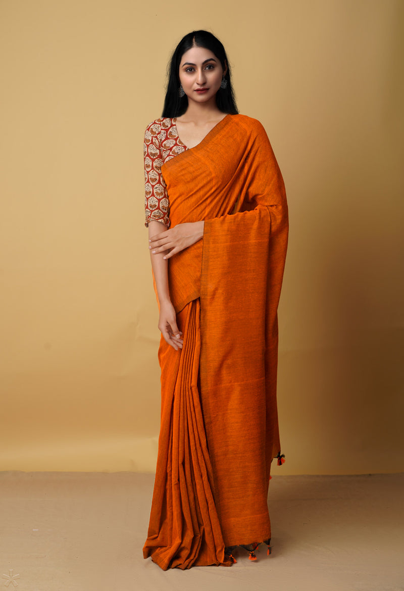 Orange-Black Pure Cotton Linen Saree-UNM65281
