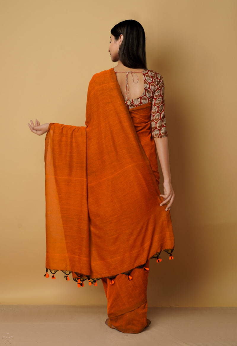 Orange-Black Pure Cotton Linen Saree-UNM65281