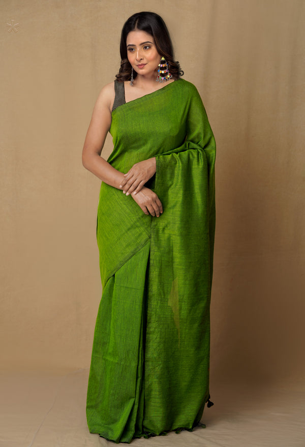 Green Pure Cotton Linen Saree-UNM65288