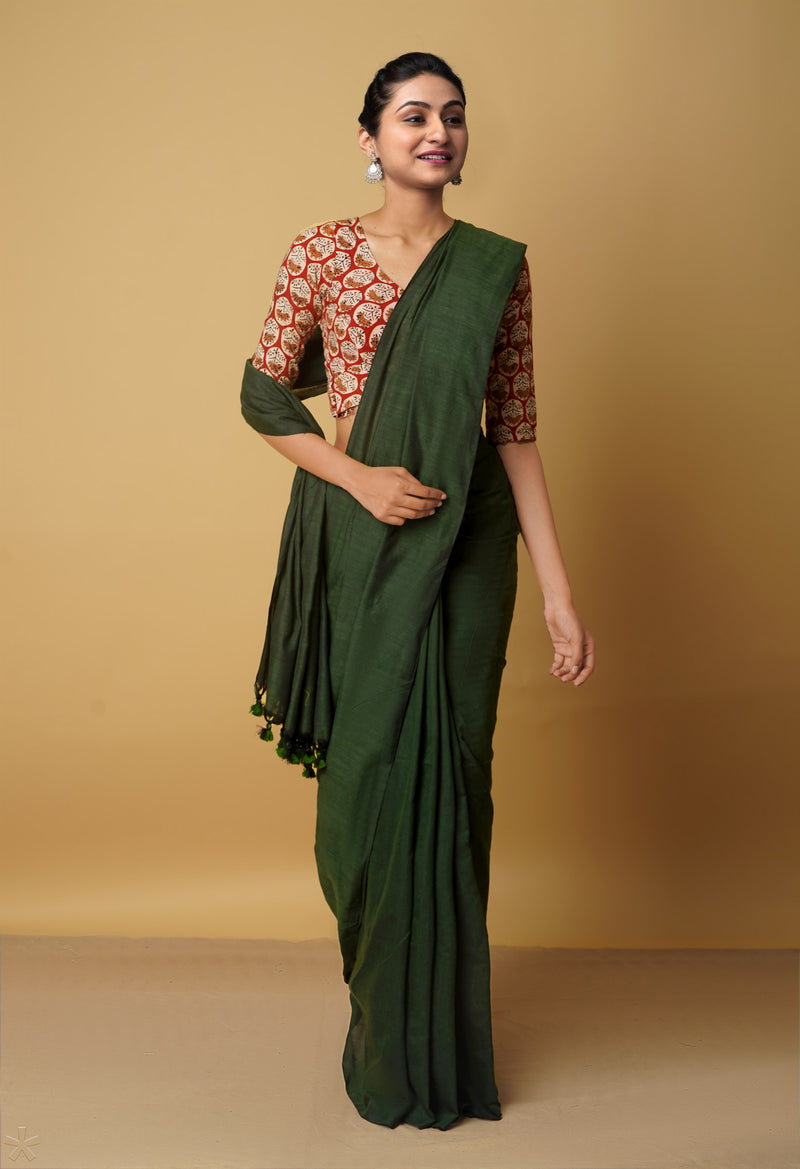 Green Pure Cotton Linen Saree-UNM65289