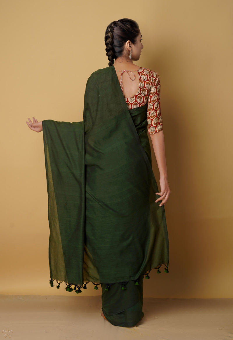 Green Pure Cotton Linen Saree-UNM65289
