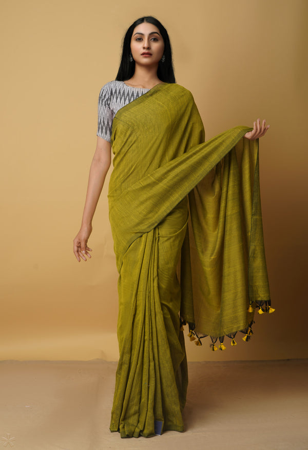 Yellow-Black Pure Cotton Linen Saree-UNM65297