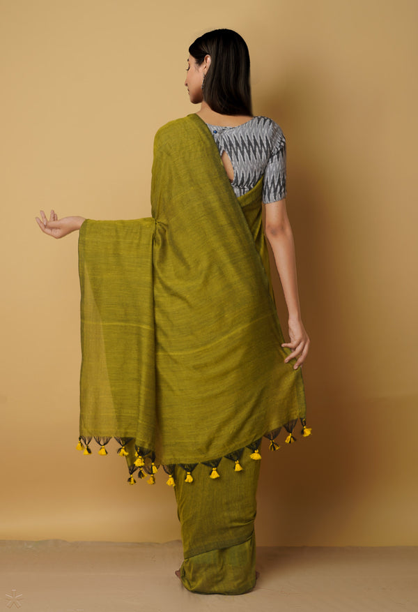 Yellow-Black Pure Cotton Linen Saree-UNM65297