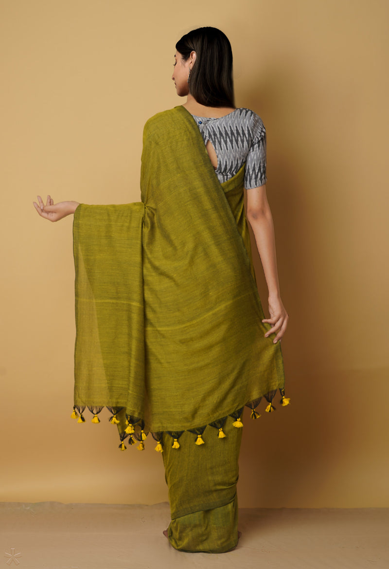 Yellow-Black Pure Cotton Linen Saree-UNM65297