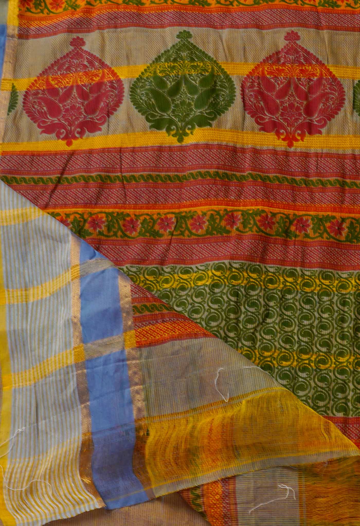 Orange Pure Hand Block Printed Mangalgiri Cotton Saree-UNM65319