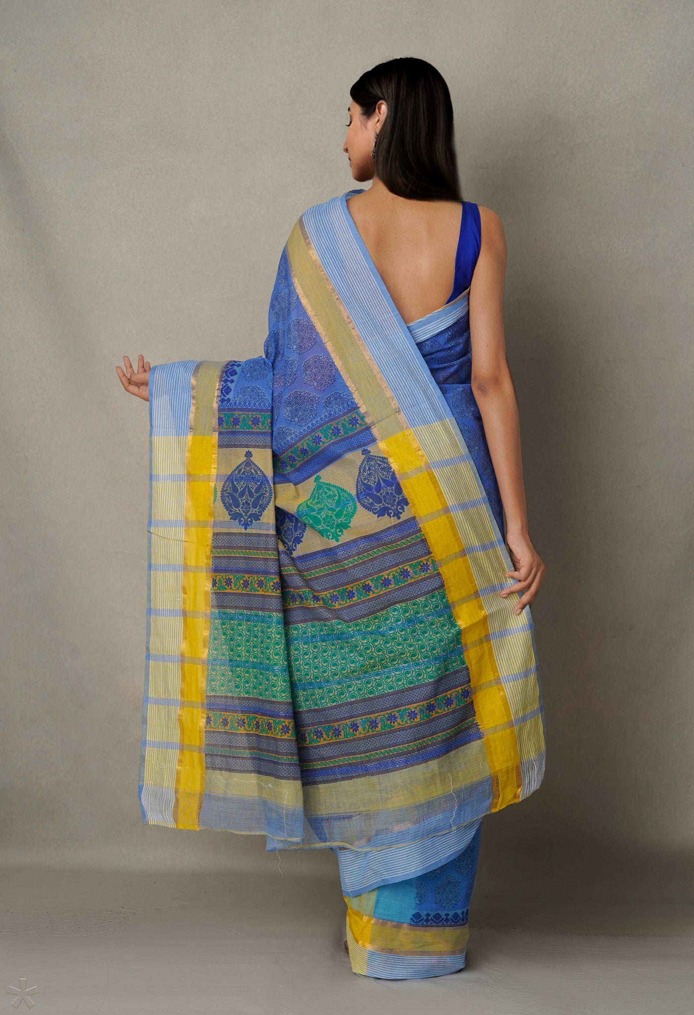Blue Pure Hand Block Printed Mangalgiri Cotton Saree-UNM65320