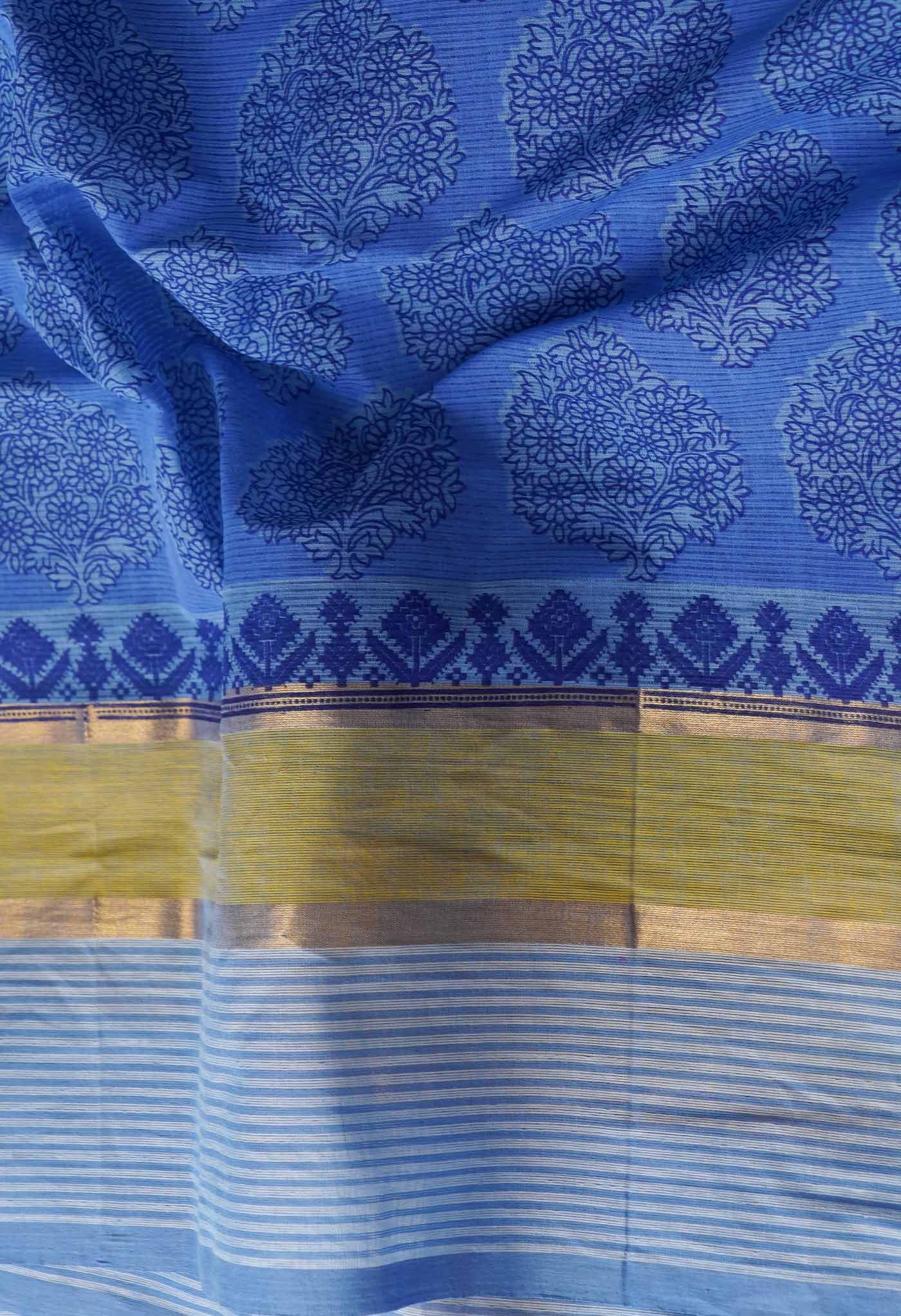 Blue Pure Hand Block Printed Mangalgiri Cotton Saree-UNM65320