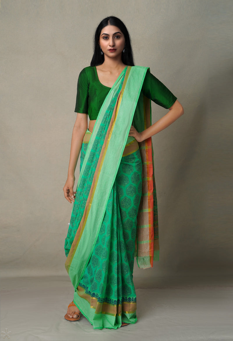 Green Pure Hand Block Printed Mangalgiri Cotton Saree-UNM65322