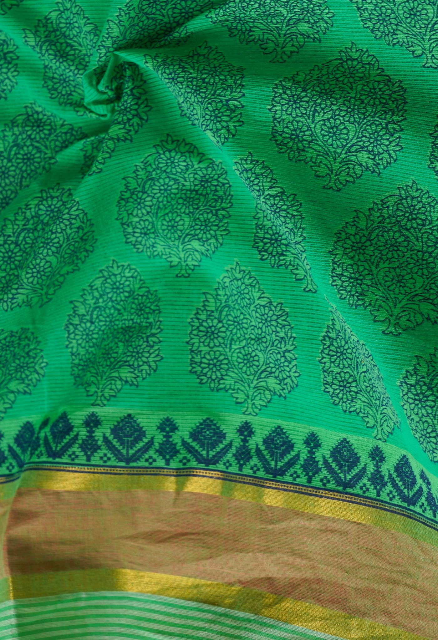 Green Pure Hand Block Printed Cotton Saree