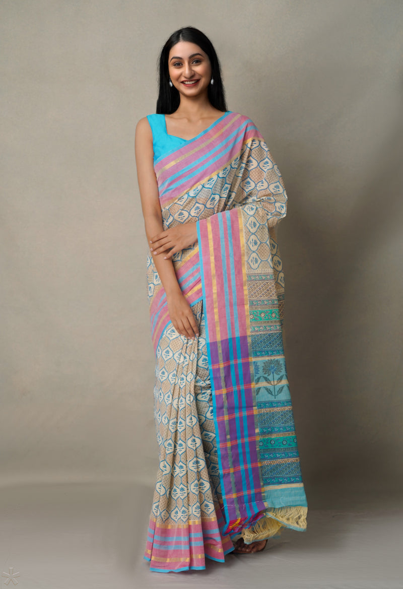 Beige Pure Hand Block Printed Mangalgiri Cotton Saree-UNM65323