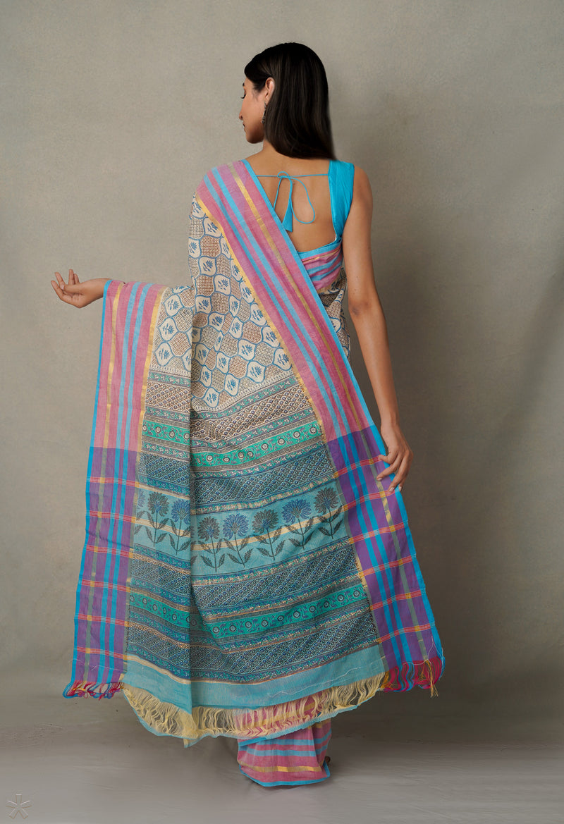 Beige Pure Hand Block Printed Mangalgiri Cotton Saree-UNM65323