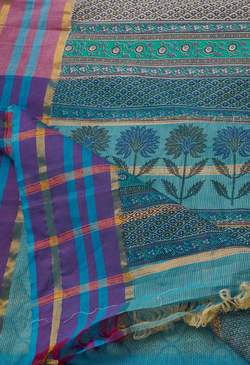 Beige Pure Hand Block Printed Mangalgiri Cotton Saree-UNM65323