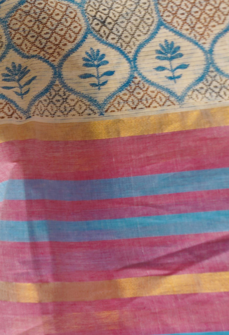 Beige Pure Hand Block Printed Mangalgiri Cotton Saree-UNM65323