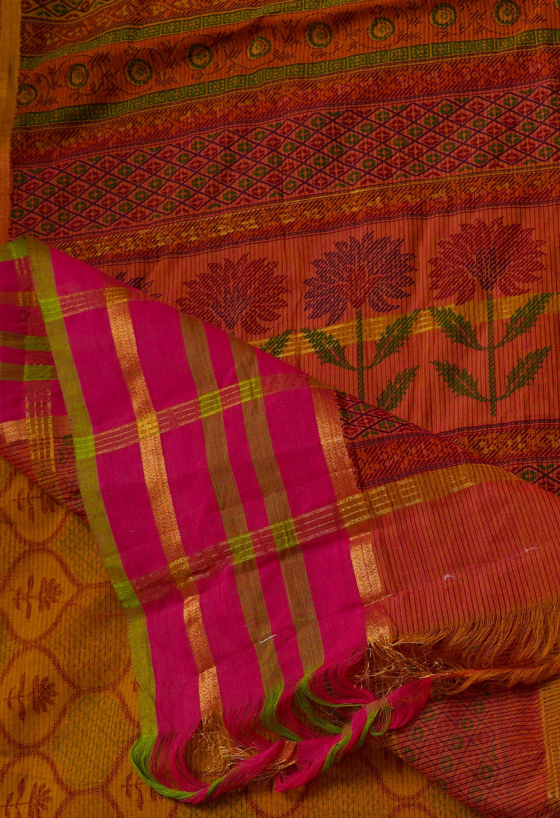 Ochre Pure Hand Block Printed Mangalgiri Cotton Saree-UNM65325