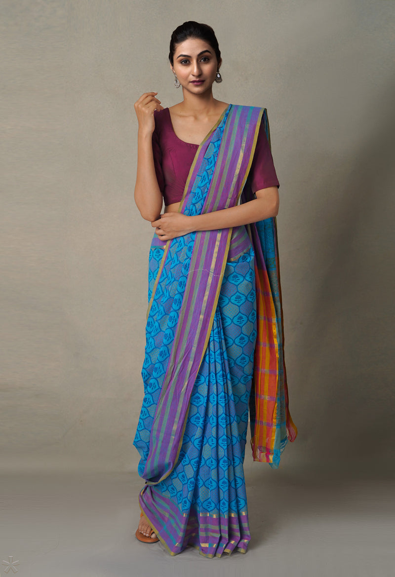 Blue Pure Hand Block Printed Mangalgiri Cotton Saree-UNM65327