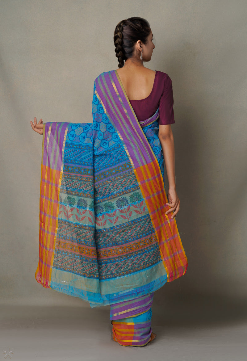 Blue Pure Hand Block Printed Mangalgiri Cotton Saree-UNM65327