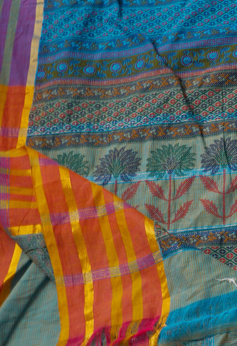 Blue Pure Hand Block Printed Mangalgiri Cotton Saree-UNM65327